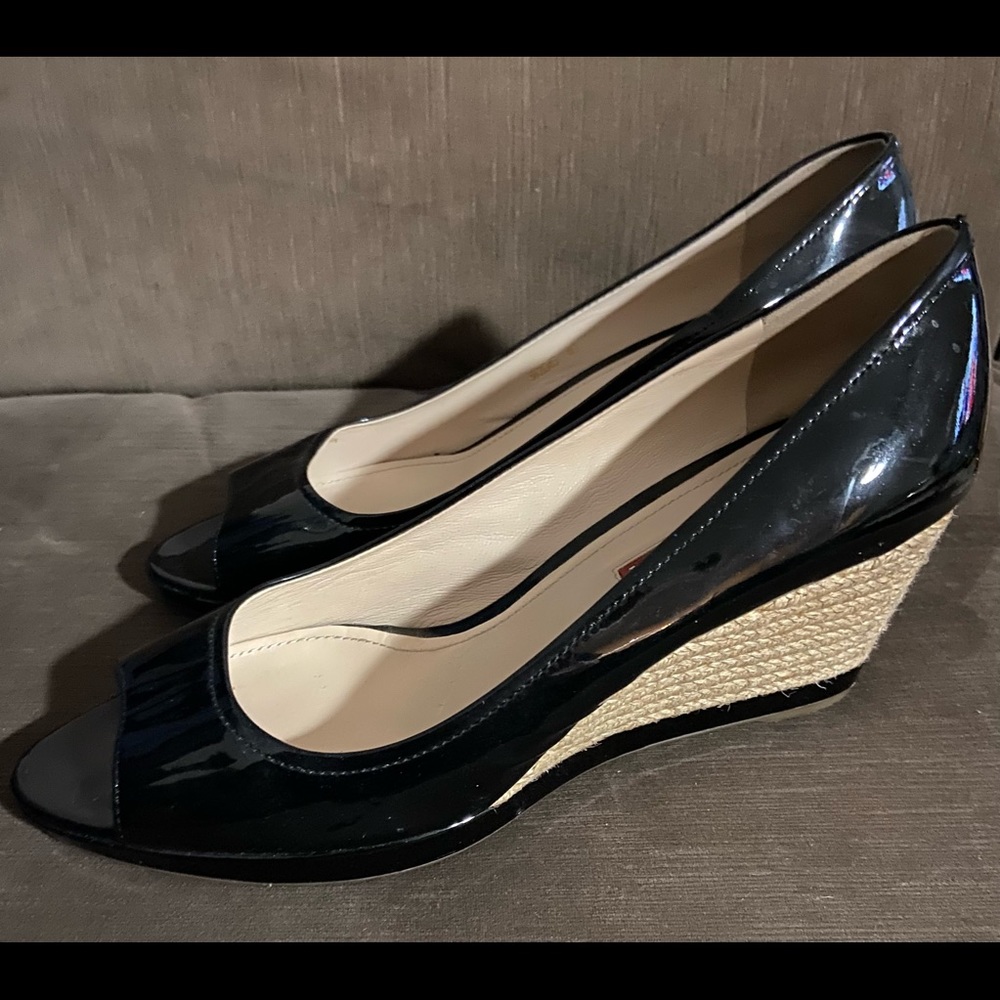 AUTHENTIC PRADA black patent leather open toe espadrille wedge (size 10)